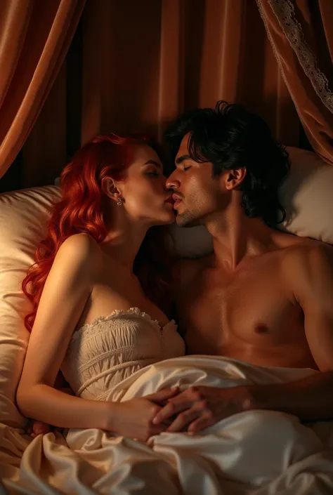 In a boudoir, a pale woman, with red hair and wearing black lingerie, kiss a tall hispanic man, with wavy hair 