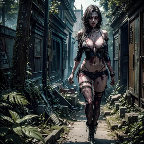 
a sexy undead zombie woman wanders in an old abandoned and dilapidated cemetery