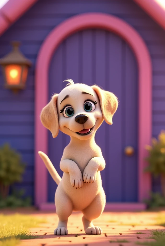 Cartoon Dog Character, female, Labrador Breed, low coat, on a background of purple wooden house, big door, grown-up, sobrepeso, cor off white, animation character, stylized character, animation style rendering, 3d stylized, Arnold Maya rendering, Stylized ...