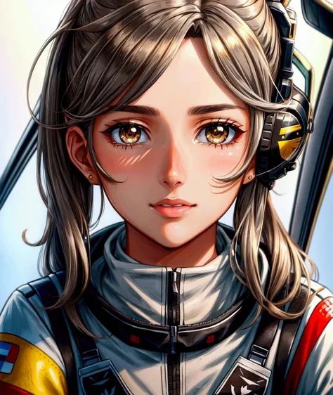 Brownish-gray hair　Brown eyes　beautiful girl　Ace Pilot　