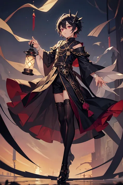 Shota in a beautiful outfit, a prince holding a black lantern, full body, scary, beautiful angle, wearing magician shorts