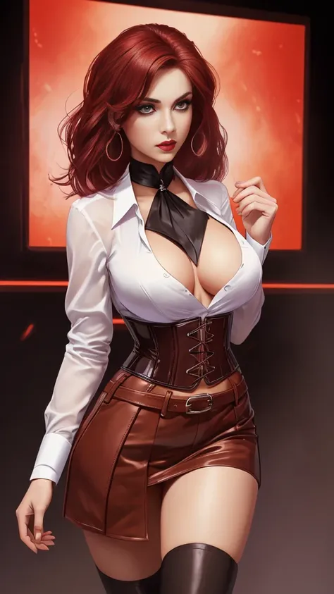 a gorgeous woman wearing a white silk shirt with a deep v neck, brown leather miniskirt, and a belt, cinched waist, dramatic lighting, photorealistic, high fashion editorial, corset, red hair, huge breasts, purple eyes, black makeup, crimson lips, looking ...