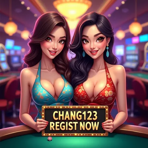 a beautiful two thailand woman wearing thailand traditional dress holding up a sign "CHANG123 REGIST NOW", teasing smile, happy, photorealistic, casino background, , RealCartoon, big breast cleavage, Standing behind poker table, Colourfull, Neon Light, rea...