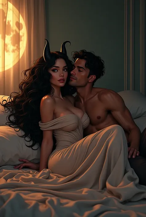 (photorealism:1.2), beautiful sly demon woman, sitting on bed with a charismatic man in love with her on his knees for her,she is wearing loose off-shoulder dress, volumonouse long curly hair, indoors, dark lighting, window with moonlight, retro anime cart...