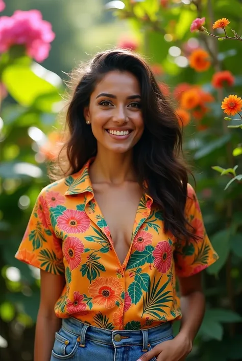 A Brazilian woman in a lush tropical garden, wearing an open shirt with a floral print, with a close-up capturing the harmonious beauty between her breasts and the natural flowers, showing off your natural charm and outgoing personality.