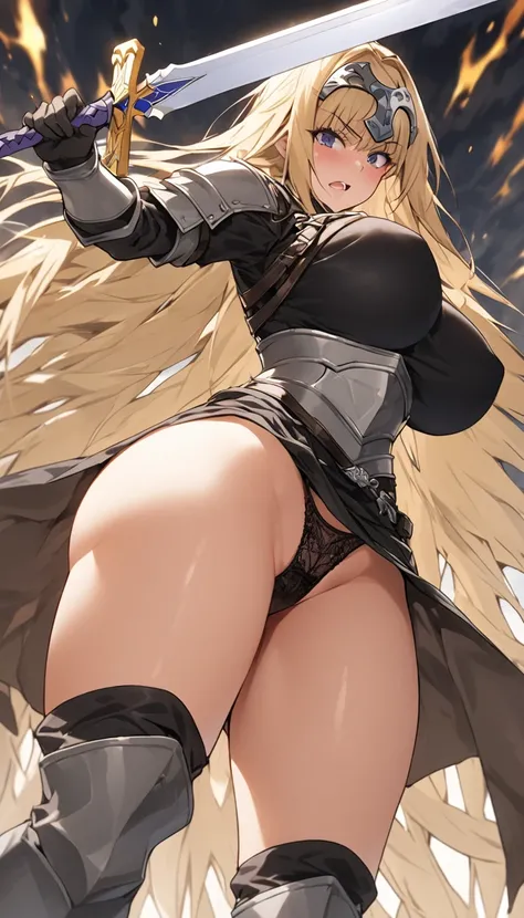 Ultra-high definition image quality、beautiful girl、Female Swordsman、Light armor、Greeboots、Long Hair、blonde、20-year-old、intimidating face、Very short tight skirt、Cowgirl、wilderness、Highest quality,Big Ass、Big Breasts、Thighs、Grasping the hilt of the holy swor...