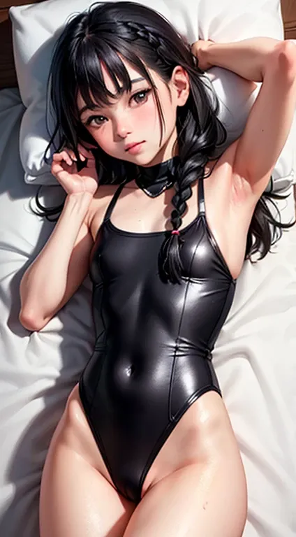 One Woman, alone, alone Focus, Cowboy Shot, Portraiture,, Beaver,((Black Hair)), Braiding, Very fine eye, work, White knit, (Small TI quality, Very detailed,Swimwear,Bedroom、Lying in bed