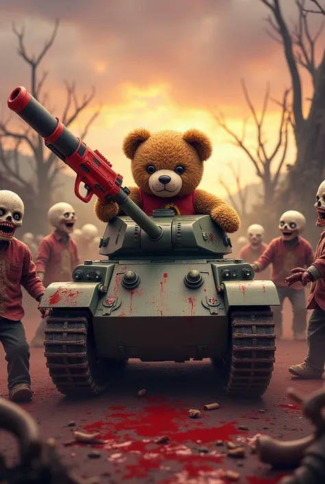 Cute Teddy Bear Killing Bloody Zombies Gun in a Tank