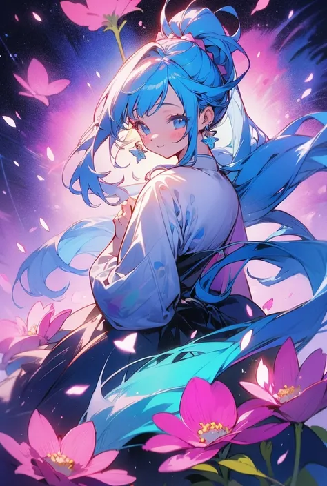 (High resolution、Very detailed、Hmph、movie)、alone、1 person、happiness、Girl Standing In Cosmos Flower Garden、Around the petals、ponytail、Cute Smile、Ezvian Everywhere、Girl with long blue hair、Light blueの髪、I&#39;m looking forward to、Fantasy、Official Art、Pop Art、...