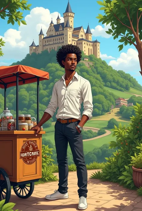 An imperial castle on a farm with coffee plantations with lots of fruit and a young black man with a teenage face and black, curly hair, good and down, with an American cut and a white blouse., with a logo that says coffee empire in Portuguese and very ele...