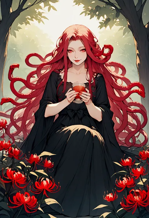 "detailed features" , "detailed eyes" , "1women, "medusa" , "snake hair" , "beautiful" , slit snake eyes" , "dangerous" , "Greek black dress", "lips slightly parted" , "full body" , "garden background" , "sitting in backyard" , "smelling a flower" , Smilin...
