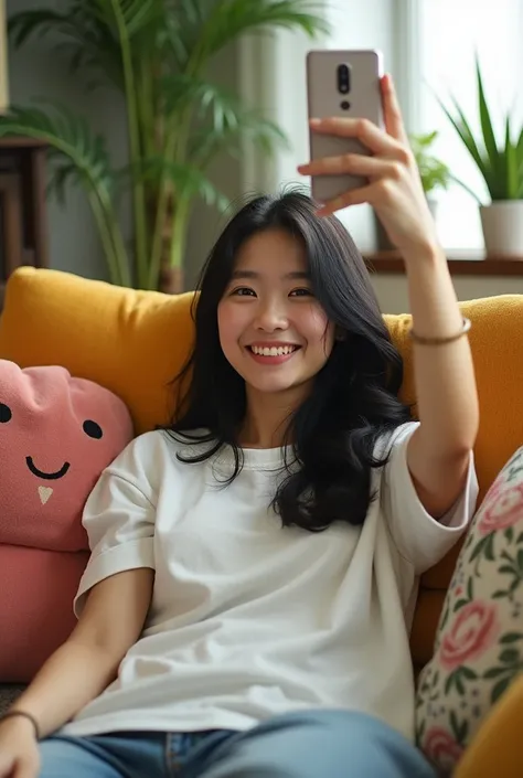 A fair-skinned Japanese woman wearing a loose, oversized T-shirt。Sitting on the sofa、Taking a selfie from above。Her chest is visible through the gap between her neck and her T-shirt.。Selfie style。