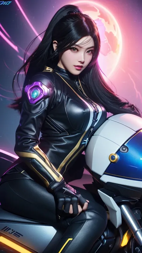 a woman in a futuristic outfit sitting on a motorcycle, irelia, kda, echo from overwatch, portrait knights of zodiac girl, seraphine ahri kda, sigma female, artgerm jsc, extremely detailed artgerm, overwatch inspired, overwatch style, ashe, knights of zodi...