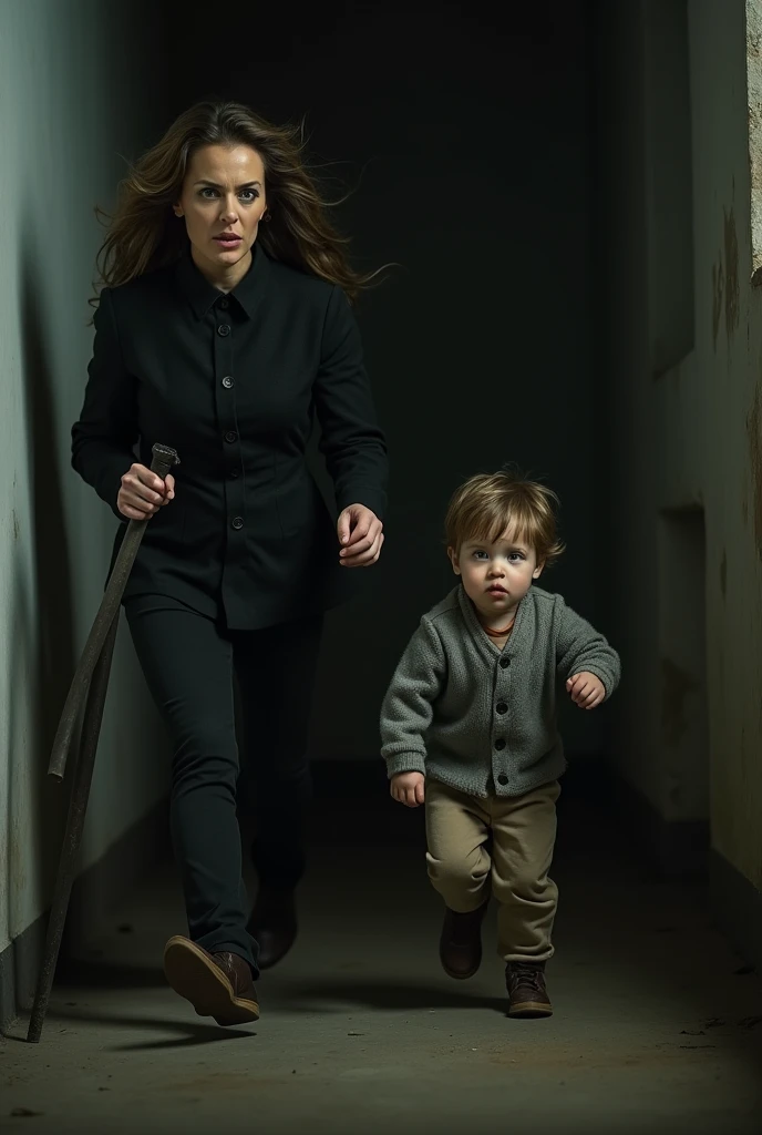 a mother holding a cane chasing a small child with an angry face, the  running away in fear, detailed facial features, dramatic lighting, cinematic composition, moody atmosphere, high contrast, photorealistic, award winning photograph, 8k, HDR,