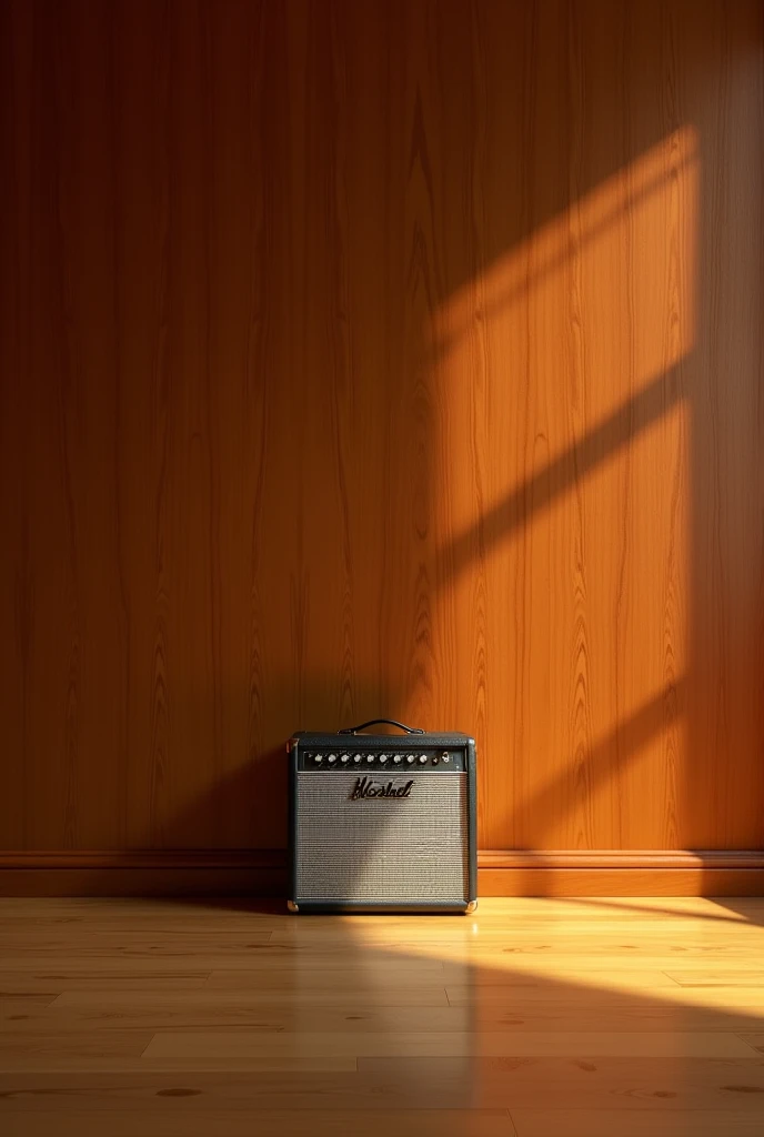 Guitar amp in an empty room Let the room be lit with warm light and the walls and floor be made of wood An EMPTY room with only 1 guitar amp