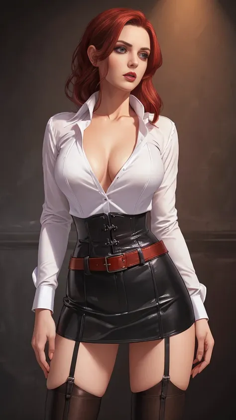 a gorgeous woman wearing a white silk shirt with a deep v neck, brown leather miniskirt, and a belt, cinched waist, dramatic lighting, photorealistic, high fashion editorial, corset, red hair, huge breasts, purple eyes, black makeup, crimson lips, looking ...