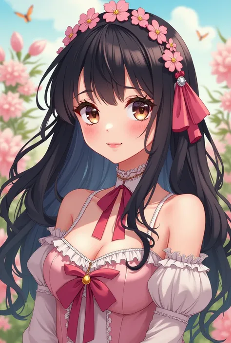 lolita costume. confident. black hair. wavy hair. 
full lips. small nose. brown eyes. big eyes. small face. young adult. upper body. anime.girl