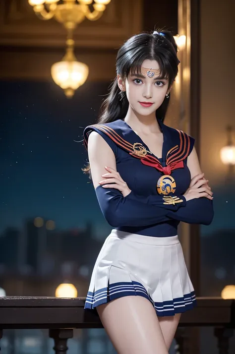 (Highly Detailed CG Unity 8K Wallpaper, Tabletop, Highest quality), (Exquisite lighting and shadows, A very dramatic picture, cinematic lens effects), (Sailor Moon: 1.4), Cute Smile, Double Tail, blue eyes, Dark blue hair, Tight Top, White gloves, mini ski...