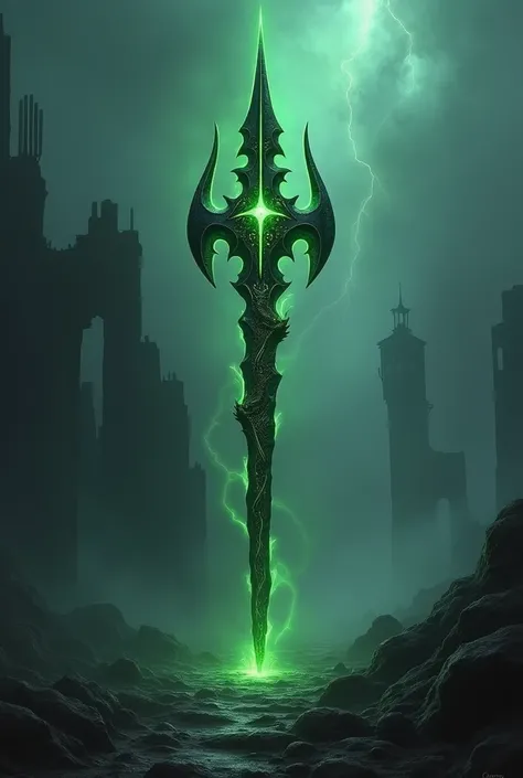 a Black dragon spear with main color as black and glowing green 