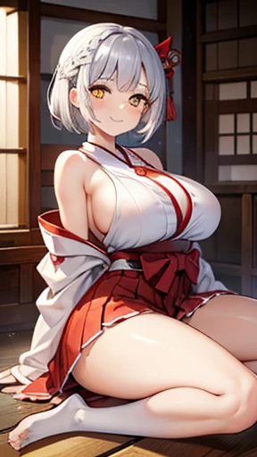 1 person, Game CG, Shrine maiden, I can see your shoulders, short hakama skirt, Huge breasts, Silver Hair, short hair, French Braid, Yellow Eyes, smile, dynamic, Japanese Shrines,Leg spread