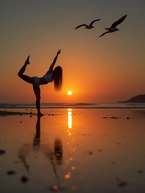 A beautiful brunette woman doing yoga on the beach. 