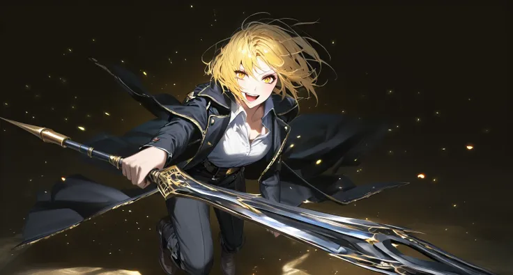 (woman), ((Don quixote from limbus company)), masterpiece, best quality, yellow hair, ((short hair)), white shirt, ((dark fullbody coat)), dark pants, yellow eyes, realistic anime style, open mouth smiling, holding a lance, ((Fate anime style)).
