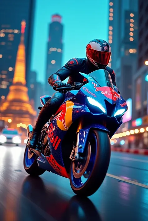 An image of a Masked Rider character riding a sports bike in Bangkok. His outfit and sports bike are inspired by the colors of the energy drink Red Bull.