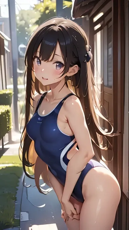 (Highest quality)), ((masterpiece)), (detailed), 一人ののBeautiful woman，Very sexy，(((Small breasts 1.5,One Piece Navy Blue Competition Swimsuit))),By the pool,Body wet with water,
Beautiful woman，Beautiful little face，Beautiful gray eyes,Well-formed double ey...