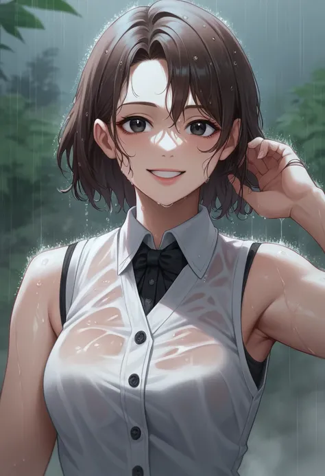 Strong realism，（best qualtiy，4K，tmasterpiece：1.3），Pretty women，1girl in，Raised sexy：1.1，dark brown  hair：1.1，（Wet with rain，Wet with rain，Get wet：1.2），White vest，Super Detailed Face，Detailed lips，A detailed eye，double eyelid、large black eyes、a smile、Brown ...