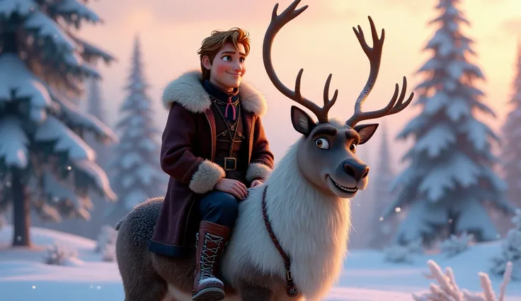 Frozen Disney movie character Kristoff and Sven, Kristoff sit on Svens back , look like 1950s film, realistic, cinematic hyper realistic, 4k resolution 
