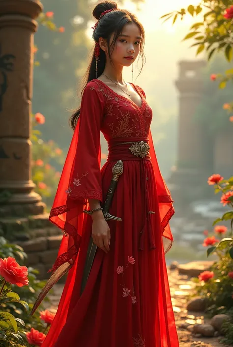 A slender girl with a narrow waist and broad shoulders wearing a red ancient costume with flower petal patterns embroidered on the sides of the dress and goa petals embroidered in the middle of the dress and a sword hanging across her waist.