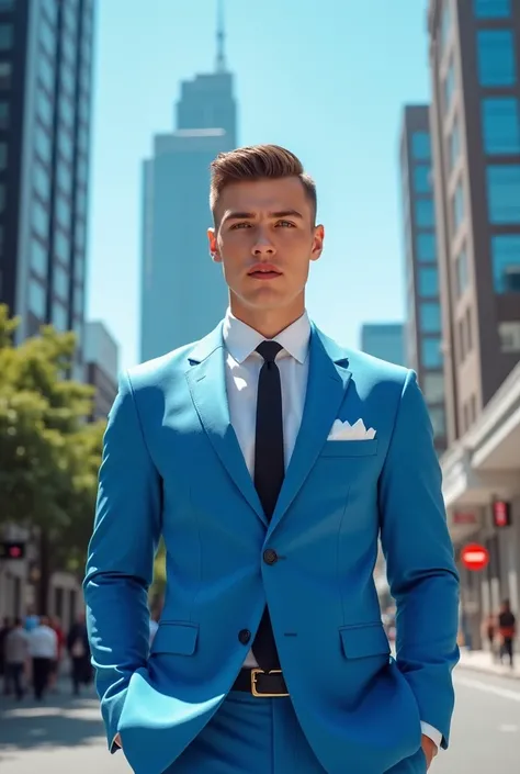 Hot boy in blue suit and tie with bowl cut