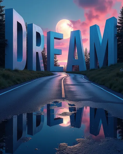 In the middle of the road there may be giant letters: The letters of the word "MY DREAM ". They could be three-dimensional or embedded in the asphalt..Dimensional doors: Somewhere along the road, A door may appear that opens to another world or dimension, ...