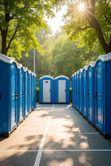 portable toilet perspective. 2 toilet stick and then distance, 2 shower stick space 2 lavatory and then 2 shower space 2 toilet. one row. the 2 lavatory is in the middle. one row not mirror. not like that. it is in the side of the court. not mirror. 2 toil...