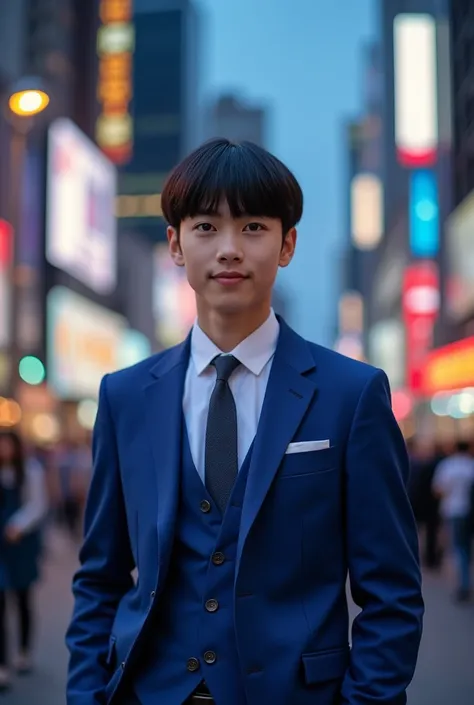  hot teen in blue suit and tie with bowl cut