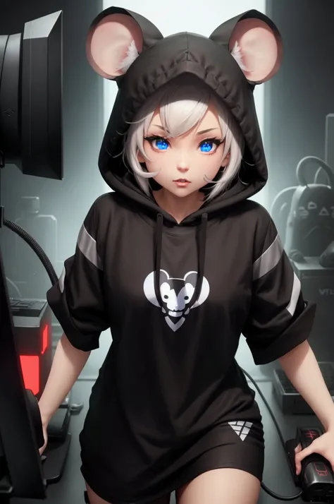 a gamer mouse for vtuber, with black t-shirt and hood, The brown mouse with a white stripe in the middle, looking straight ahead