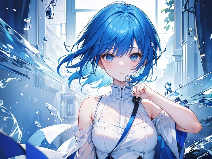 A short-haired girl with blue hair wearing a white dress。His face is shining。She has a cute gesture。