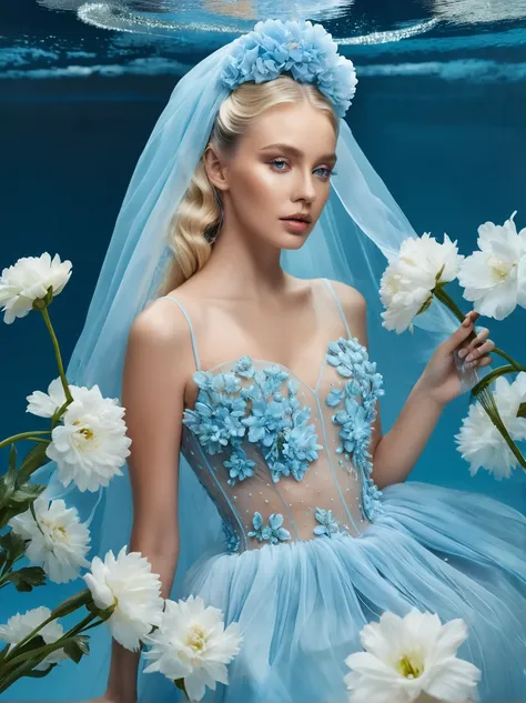 Young woman，blonde,hair develops, Wearing gorgeous baby blue, transparent, veil, a lush outfit made of water，Exquisite dress，elegant water dress，created from fresh flowers, magnificent and elegant，luxury clothes，inspired by Hedy Xandt&#39; Design Style，Her...