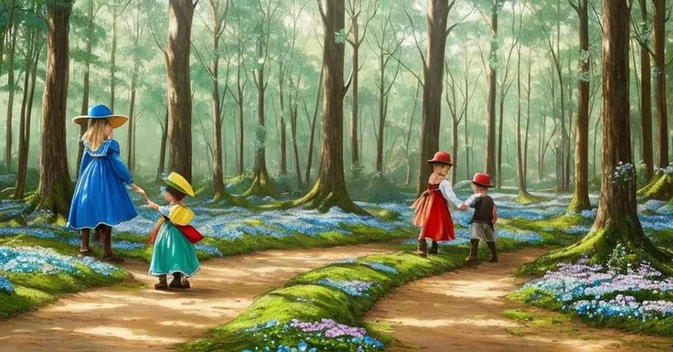 Draw a forest where there are forget-me-not flowers, that in the forest there is a parrot, where the girl is dressed in fantasy clothes, and the boy in period clothing like a worker, But I want the boy to be fading away. I want the drawing to be animated 
