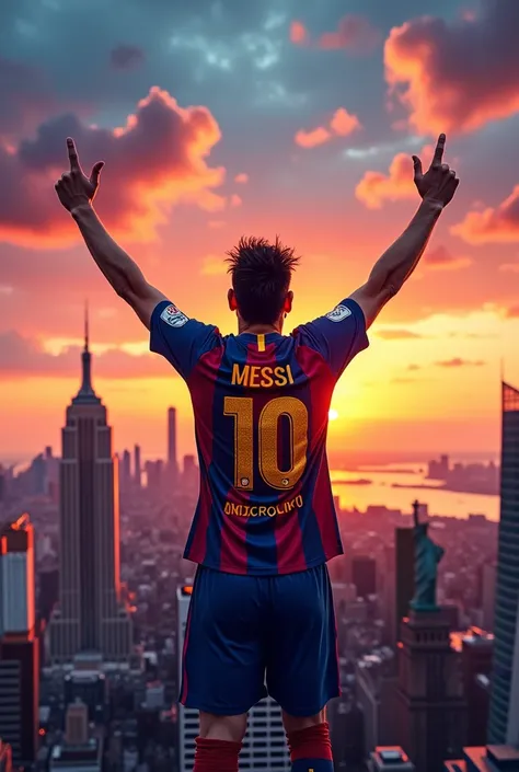 Messi celebrating with the Barcelona shirt and the United States of America in the background