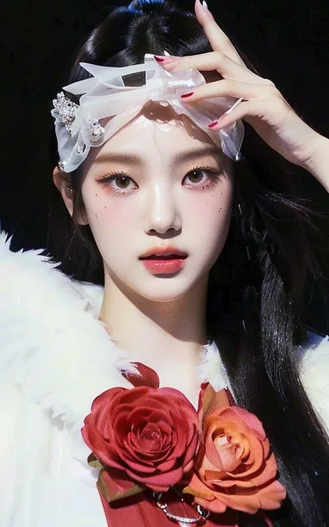 un primer plano de una mujer con una rosa roja en el pelo, jossi de blackpink, ruan jia beautiful!, jennie rosa negro, parque roseanne de blackpink, ayami koj ima, kiko mizuhara, sakimichan, hana alisa omer, portrait of jossi de blackpink, kim jung giu, sa...