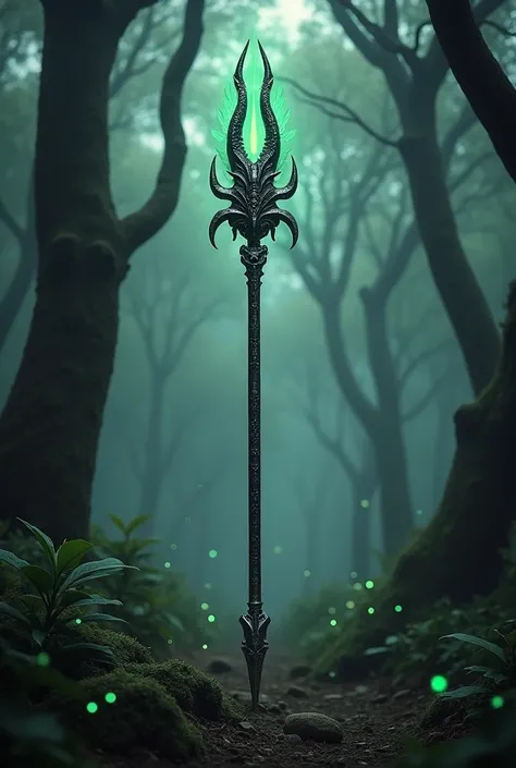 a legendary black dragon spear  with glowing green 