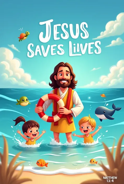 Cria uma arte para estampa de blusa  com o tema Jesus saves lives.
In this art I want you to add the theme" Jesus saves lives" also include the Bible verse " Matthew 13:4"  
In the art I want you to put Jesus dressed as a lifeguard, inside the sea, saving ...