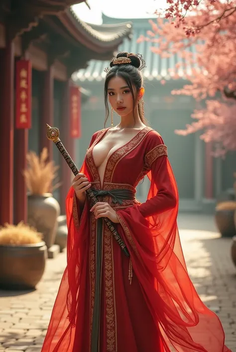 Ancient Han costume, huge breasts, Tianshi Dao, cleavage, five buckets of rice, wearing Taoist robes, holding a seven-star sword in the left hand, holding a charm in the right 