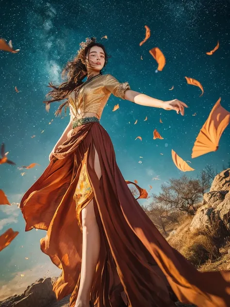 Highest quality　masterpiece　A very beautiful woman holds the skirt of her dress down to keep it from flying in the wind　Photo style　Real　Fantasy