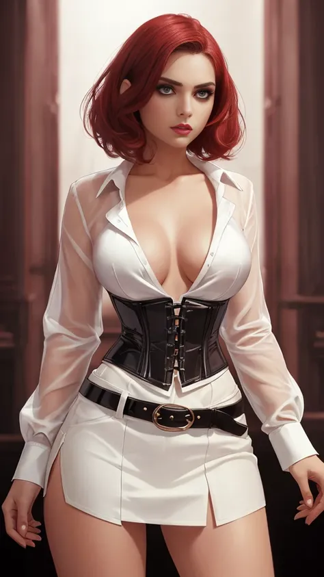 a gorgeous woman wearing a white silk shirt with a deep v neck, tiny white miniskirt, and a belt, cinched waist, dramatic lighting, photorealistic, high fashion editorial, crimson hair, vampire, corset, looking at camera, bobcut hair, undercut hair