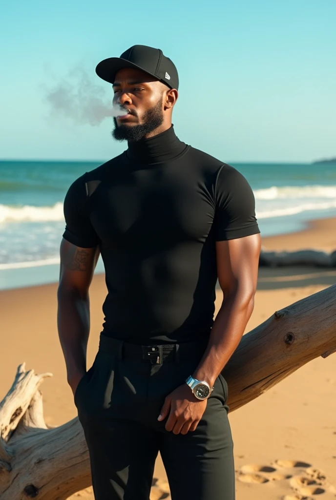 a tall dark skinned guy with a small tattoo on the left side of his face, black clothing, wearing a black cap and a turtleneck shirt, rap style, leaning back smoking full body, at beach