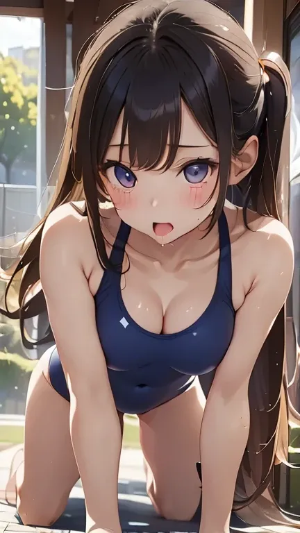 (Highest quality)), ((masterpiece)), (detailed), 一人ののBeautiful woman，Very sexy，(((Small breasts 1.5,One Piece Navy Blue Competition Swimsuit))),By the pool,Body wet with water,
Beautiful woman，Beautiful little face，Brown Eyes,Beautiful teeth alignment，Beau...