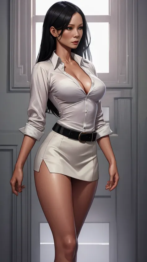 a gorgeous woman wearing a white silk shirt with a deep v neck, short miniskirt, and a belt, cinched waist, dramatic lighting, photorealistic, high fashion editorial, Lucy Liu