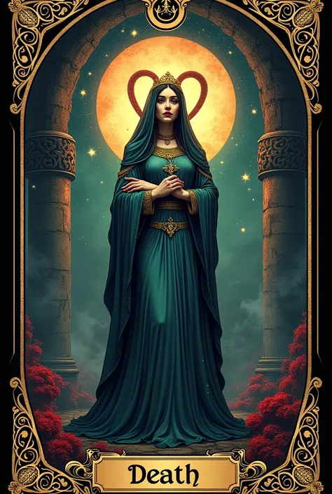 card, intricate detailed card التارو illustration, card التارو, card التارو ", Medieval script font style, Goddess of Death, Nurse Standing in Care , Ouroboros symbol, Cinema lighting, Dramatic shadows, bright colors, Rich color palette, surreal card التار...